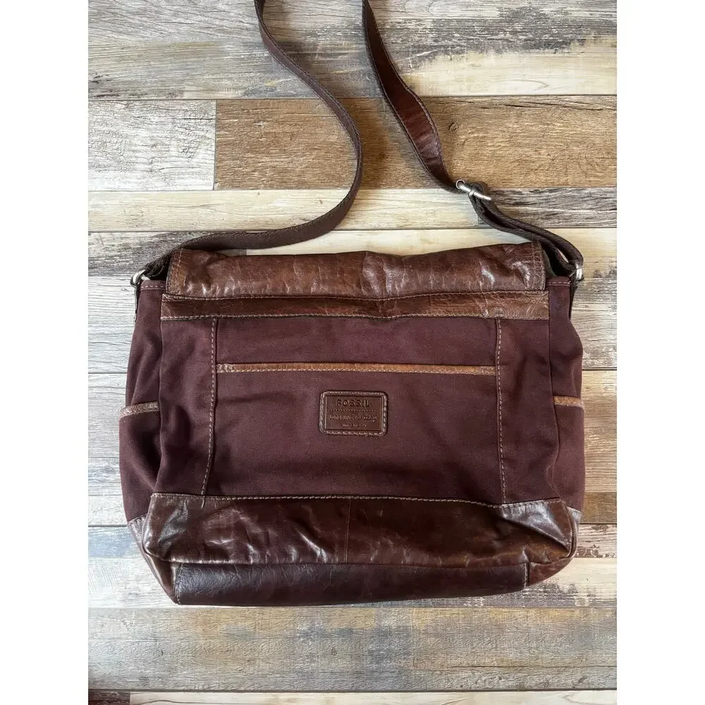 FOSSIL Messenger Bag Cross Body Brown Leather Purse Mens Womens